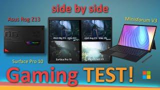 FIRST GAMING comparison of AMD Minisforum V3 tablet vs the POWERHOUSE Asus Rog Z13 & Surface Pro 10