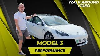 In depth walk around video of a 2019 Tesla Model 3 Performance with Pearl White Paint and upgrades