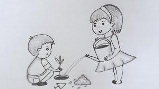 ‍️DRAWING TRICK‍️HOW TO DRAW A BOY AND GIRL PLANTING TREE ON GARDENEASY DRAWING@TamilNewArt