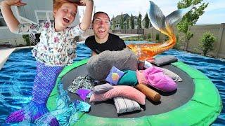 Mermaid PiLLOW FiGHT  Adley vs Dad magic trampoline battle with a Giant LoveSac in the Backyard