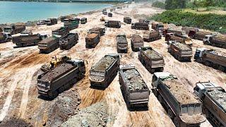 WOW Super 300 Dump Truck Moving Dirt For Beach Reclamation Huge Land Filling Up Project In The Sea
