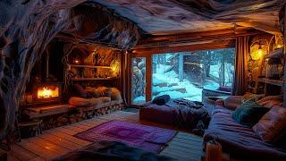 Winter Cozy Cabin in Snowfall with Crackling Fireplace Sound Relaxing Wind & Snow Falling Ambience