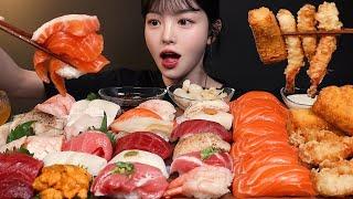 Sushi Party Tuna Shrimp Salmon Sashimi and Fried Shrimp Mukbang ASMR