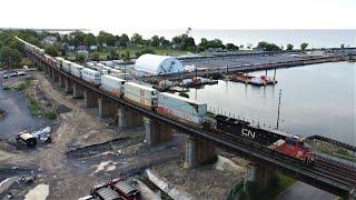 Awesome Birds Eye View in 4K Huge Stack Train CN 121 wDPU Crossing the Viaduct at Port Hope ON