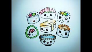 How To Draw Sushi Set Japanese Food Cartoon Coloring Kawaii