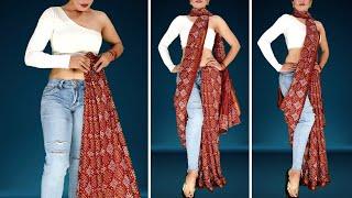 How to drape saree in neck wrap style with jeans & Top #Shorts