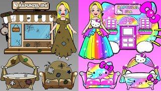 Paper Dolls Dress Up - Rapunzels New Hello Kitty Spa Handmade Paper Craft - Barbie Story & Crafts