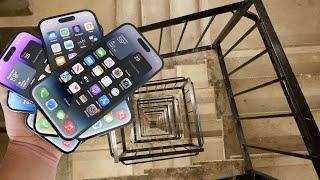 Dropping a Stack of 7 iPhone 14 Pros Down Crazy Spiral Staircase 300 Feet - Will They Survive?