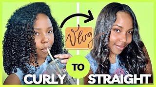 NATURAL CURLY TO STRAIGHT HAIR VLOG I COME TO THE SALON WITH ME - Tension Rod Set & Minimal Heat