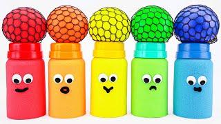 Satisfying video  Match Rainbow Colors Squishy Balls with Kinetic Sand Milk Bottles Smiley Face