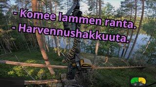 Lammen rannassa harvennushakkuuta vähän rinnettä ja risukkoa. VR106 Ponsse Scorpion K H7 AC FC