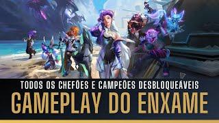 GAMEPLAY DO MODO ENXAME NOVO MAPA DO LOL TODOS OS CHEFÕES E CAMPEÕES DESBLOQUEÁVEIS