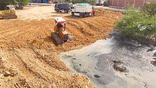 Incredible Power Strong Engine Driver Skill KOMATSU Dozer D31P Pushing Stone Into Deep Mud Pond