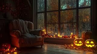 Best Autumn Rain Sounds Sounds for Sleep  Halloween Room  8 Hours Heavy Rain with Pumpkin