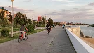 Amazing Walk along the promenade. SIberian river Irtysh. Nice evening