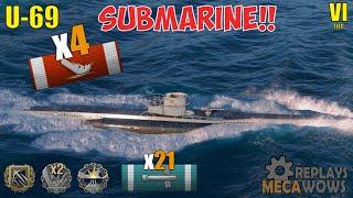 SUBMARINE U-69 4 Kills & 100k Damage  World of Warships Gameplay