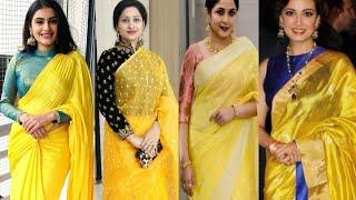 Yellow Saree With Contrast Blouse Ideas 2022Yellow Saree Matching Blouse IdeasYellow Colour Saree