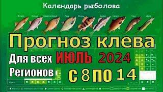 Прогноз клева рыбы на Эту неделю с 8 по 14 Июля 2024 Календарь рыбака на Июль Лунный календарь
