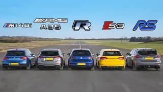 AMG A35 v  BMW M140i  v Golf R v Audi S3 v Focus RS - DRAG RACE ROLLING RACE & BRAKE TEST