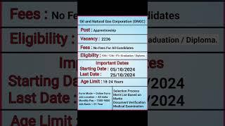 ONGC Apprentice Vacancy Online Form 2024  ITI Apprentice  12th Apprentice  Graduation Apprentice