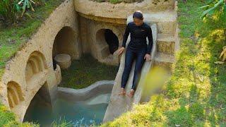 Girl Builds an Underground Hut with Grass Roof and Swimming Pool
