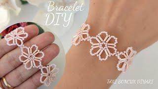 Pembe çiçekli bileklik yapımı Pink flower beaded bracelet Seed beads jewelry tutarial. DİY