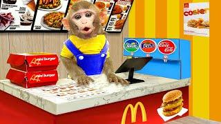 Baby Monkey KiKi goes to buy fast food at supermarket and eat yummy with puppy  KUDO ANIMAL KIKI