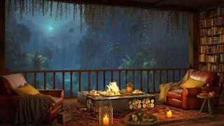 Cozy Reading Nook on Balcony with Smooth Jazz Music  Rain & Fireplace Sounds for Relaxing Sleeping