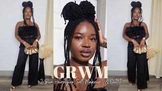 GRWM For An All Black Party  2 Bun Loc Style Soft Makeup & Outfit  #KUWC