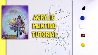 Acrylic Painting tutorial landscape beginners  HOW TO PAINT A GIRL IN A FLOWER FIELD