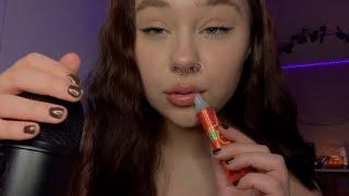 ASMR lipgloss application wet mouth sounds + clicky whispers