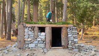 I built a stone and wood survival bushcraft shelter deep in a wild forest - FULL VIDEO