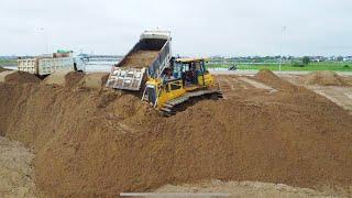 Update project Bulldozer Shantui & DISD SD300N push sand & 25Ton dump truck unloading for landfill