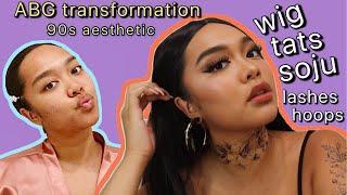 ABG transformation 90s aesthetic ultimate baddie makeup + tats + wig