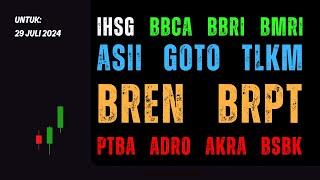 Analisa Saham 29 Juli 2024 IHSG BBCA BBRI BMRI ASII GOTO TLKM BREN BRPT PTBA ADRO AKRA BSBK