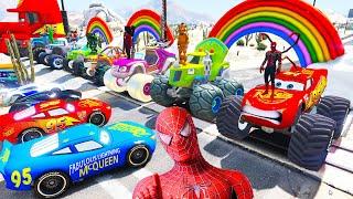 SPIDERMAN McQueen Vs MACK TRUCK Mega CONTAINER RAMP Challenge  SUPERHERO HULK Disney Cars - GTA V