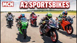 2024 A2 sportsbike Shootout  Ninja500 vs CBR500R vs RS457 vs RC390 vs 450SR-S  MCN