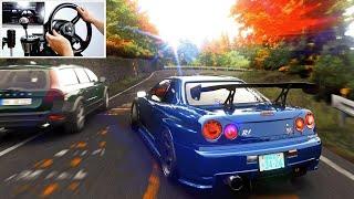 Drifting R34 GT-R at Mt.Akina wTraffic - Assetto Corsa  Steering Wheel Gameplay