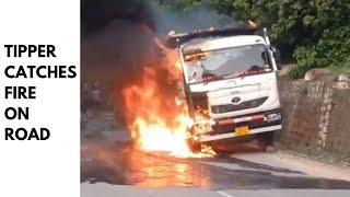 Tipper catches fire on road at Dhar Road in Udhampur