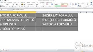 EXCEL FORMÜLLERİ - SIK KULLANILAN EXCEL FORMÜLLERİ 1 - EXCEL DERSLERİ