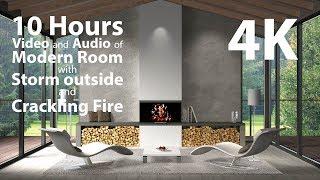 4K HDR 10 hours - Ambient Room Storm Outside & Crackling Fireplace Audio - relaxing warm calming