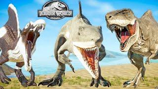 King Shark VS Megalodon T-REX Whale Spinosaurus  Jurassic World Evolution Dinosaurs Fighting