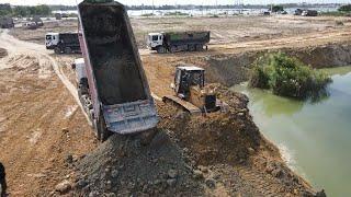 Awesome Skills Operator Machine Extreme Running at Work Dirt Spreading by Bulldozer and Dump Truck