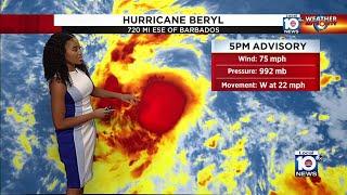 Beryl becomes a hurricane east of Barbados