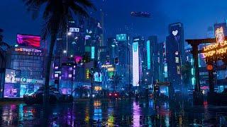 Cyberpunk Night City Walk  Rainy Calm Nighttime Ambience  Sleep Focus Chill Relax - Synthwave Mix