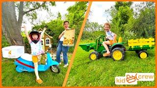 Farm fresh pizza with kids ride on tractor motorcycle cooking and delivery. Educational  Kid Crew