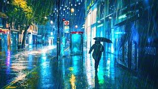 London 4am Torrential Rain Walk in Soho & West End Late Night City Ambience