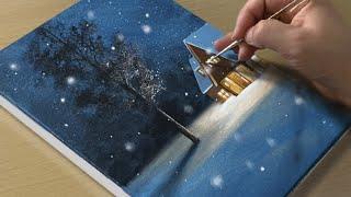 Painting a Snowy Winter Night  Acrylic Painting for Beginners