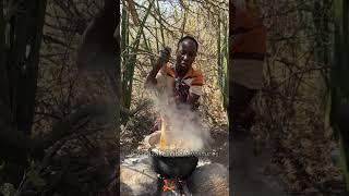 Hadzabe Tribe women prepare delicious bush food in forest each day to feed the tribe members