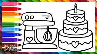Drawing and Coloring a Birthday Cake and a Stand Mixer  Drawings for Kids
